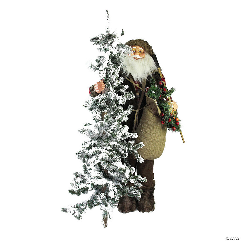 Northlight - 4' Standing Woodland Santa Claus with Artificial Flocked Alpine Tree Decoration Image