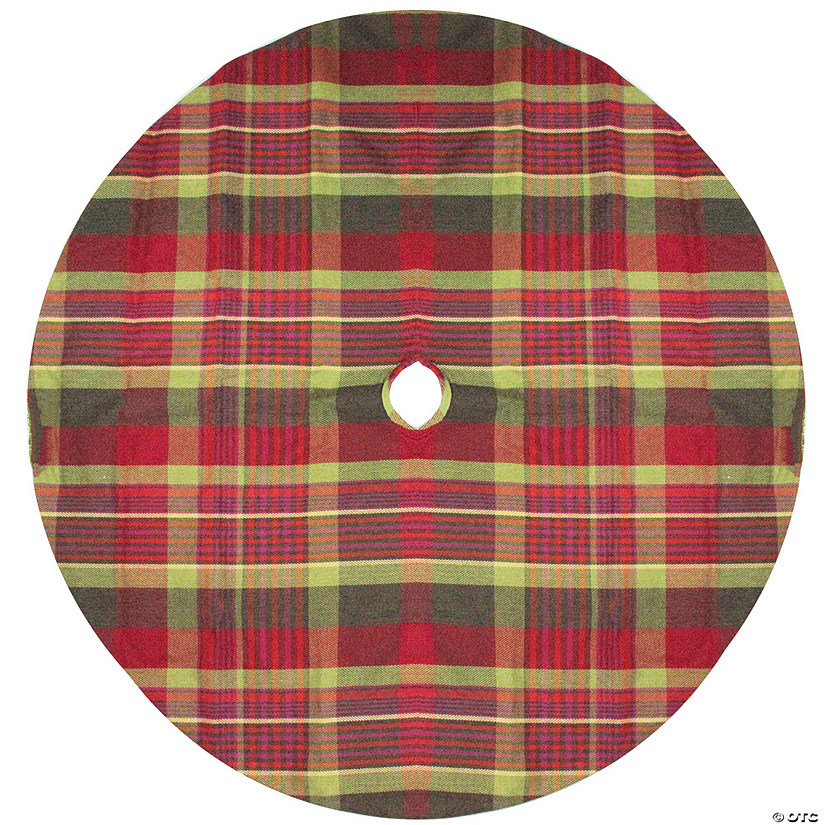 Northlight 48" Red and Green Plaid Rustic Woodland Christmas Tree Skirt with Green Trim Image