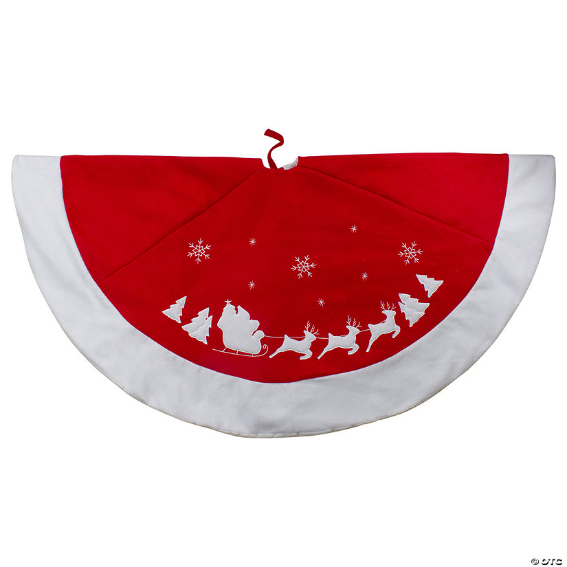 Northlight 48" Red Sleigh and Reindeer Embroidered Christmas Tree Skirt Image