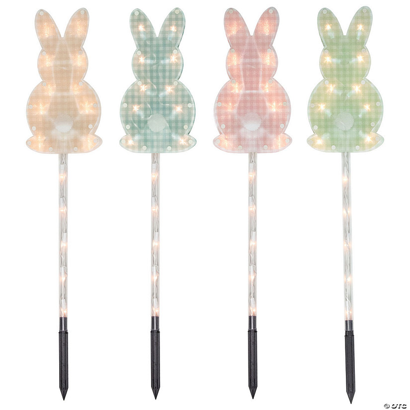 Northlight 4ct plaid pastel bunny easter pathway marker lawn stakes  clear lights Image