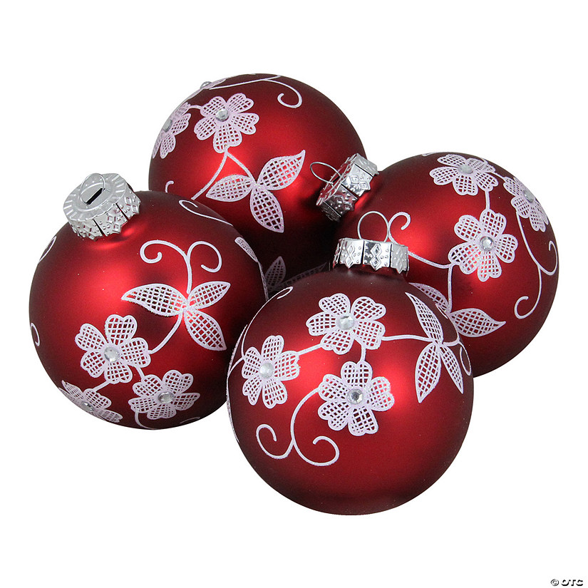 Northlight 4ct Red and White Floral Christmas Ball Ornaments 3.25" (100mm) Image