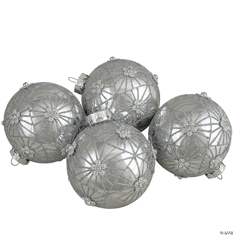 Northlight 4ct Silver with Floral Gem Christmas Ball Ornaments 3.25-Inch (80mm) Image