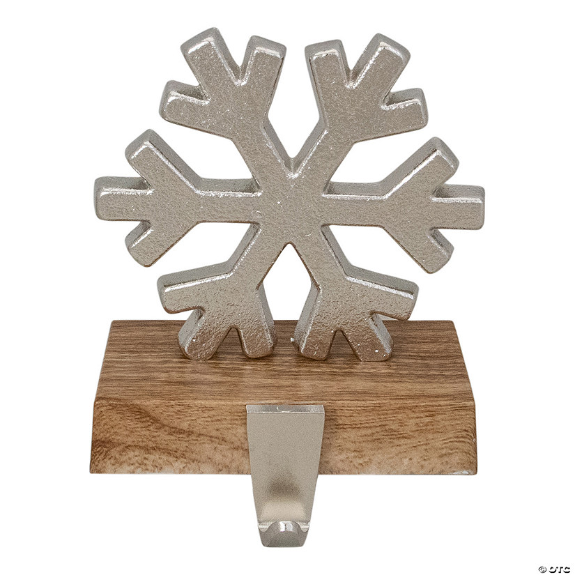 Northlight 6.25" Silver Snowflake with Wood Finish Base Christmas Stocking Holder Image