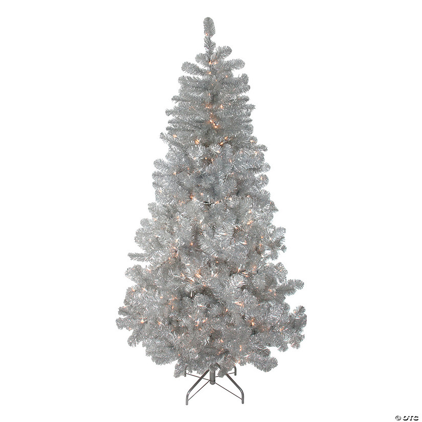 Northlight 6.5' Pre-Lit Full Silver Metallic Tinsel Artificial Christmas Tree - Clear Lights Image