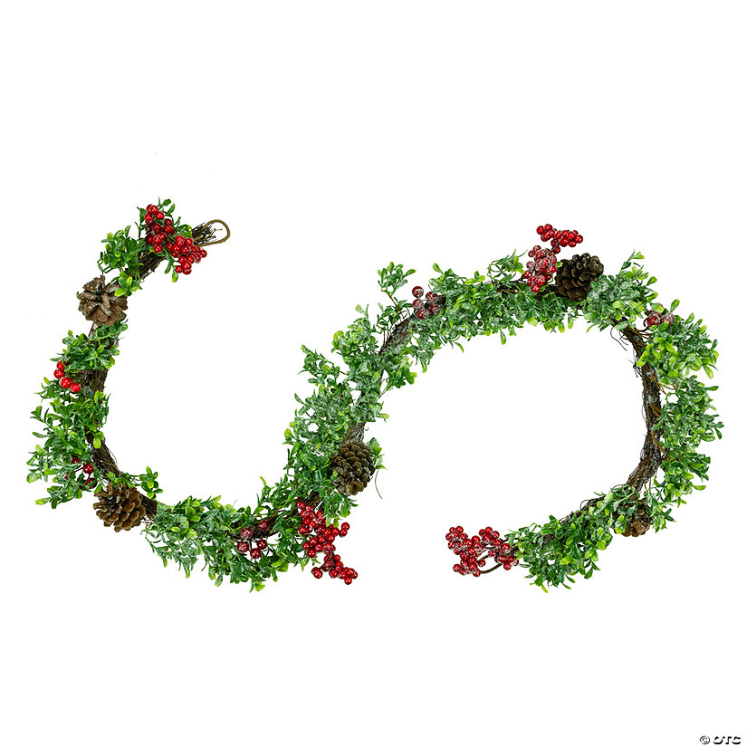 Northlight 6' Glittered Artificial Boxwood  Pine Cone and Red Berry Christmas Garland- Unlit Image