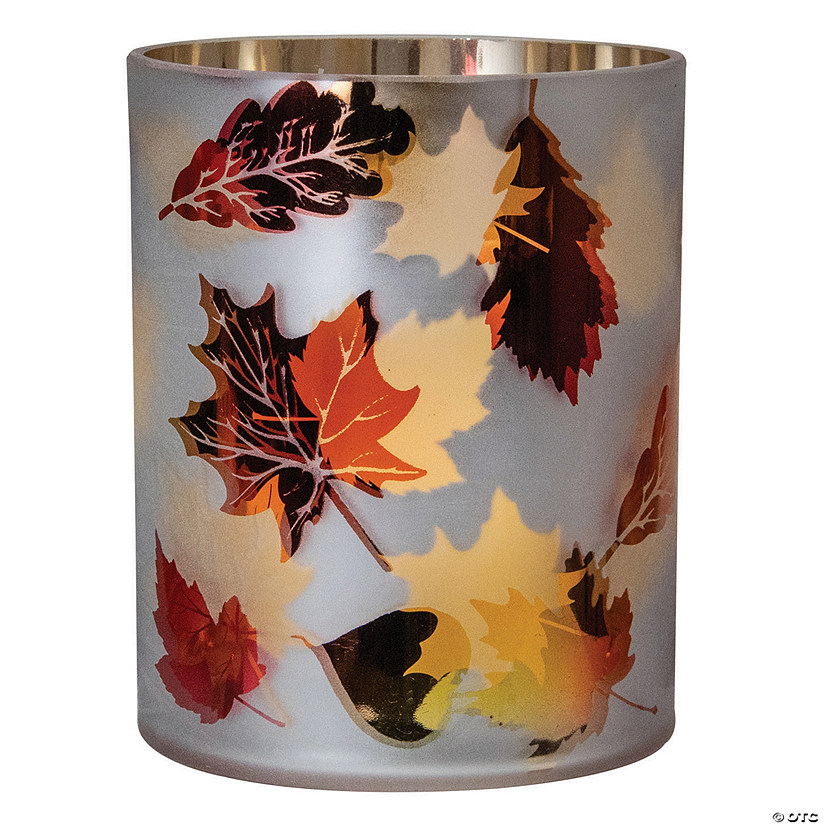 Northlight 6" Matte White and Gold Autumn Leaves Flameless Glass Candle Holder Image
