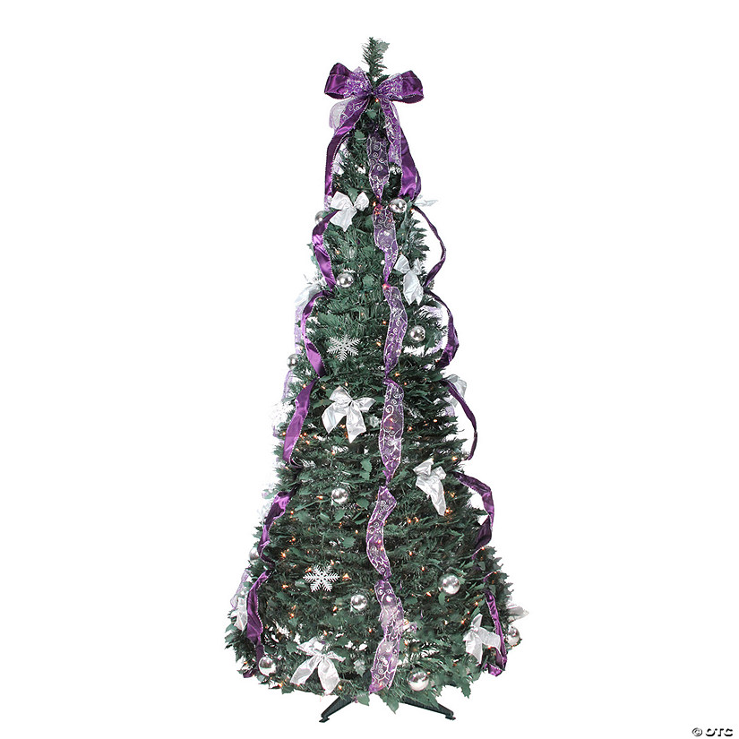 Northlight 6' Pre-Lit Purple and Silver Pre-Decorated Pop-Up Artificial Christmas Tree  Clear Lights Image