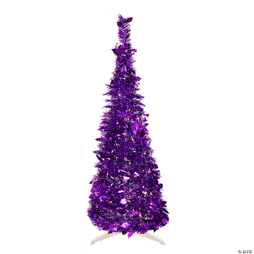 Northlight 6' Pre-Lit Purple Tinsel Pop-Up Artificial Christmas Tree  Clear Lights Image