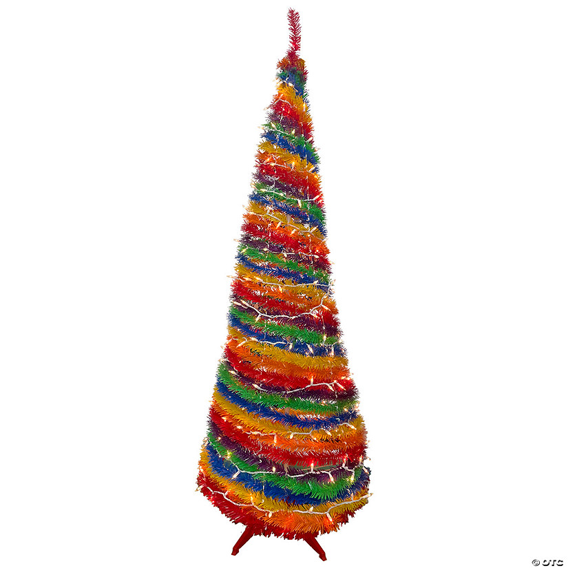 Northlight 6' Pre-Lit Rainbow Tinsel Pop-Up Artificial Christmas Tree  Clear Lights Image