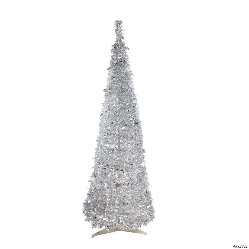 Northlight 6' Pre-Lit Silver Tinsel Pop-Up Artificial Christmas Tree - Clear Lights Image