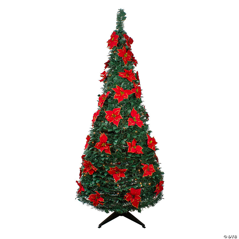 Northlight 6' Pre-Lit Slim Pre-Decorated Poinsettia Pop-Up Artificial Christmas Tree Image