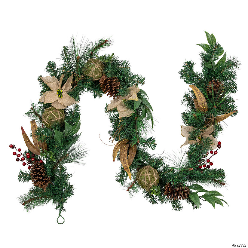 Northlight 6' x 10" Burlap Poinsettia  Moss Ball  Mixed Pine and Berries Christmas Garland - Unlit Image