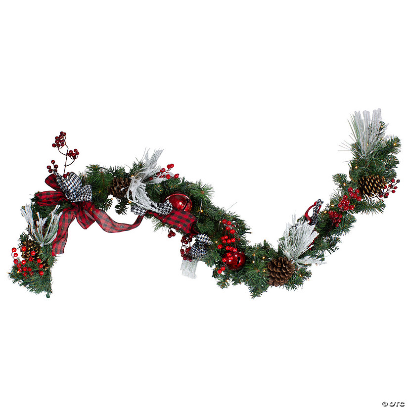 Northlight 6' x 12" Pre-Lit Plaid Bows and Red Berries Artificial Christmas Garland - Warm White Lights Image