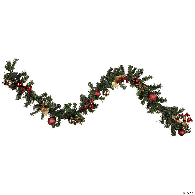Northlight 6'  x 8" Pre-Lit Decorated Burgundy and Gold Pine Artificial Christmas Garland  Cool White LED Lights Image