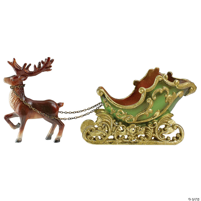 Northlight - 8.5" Green and Gold Sleigh with Reindeer Christmas Table Top Decor Image
