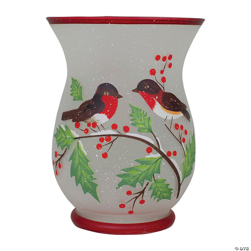 Northlight 8-Inch Hand Painted Finches and Pine Flameless Glass Candle Holder Image