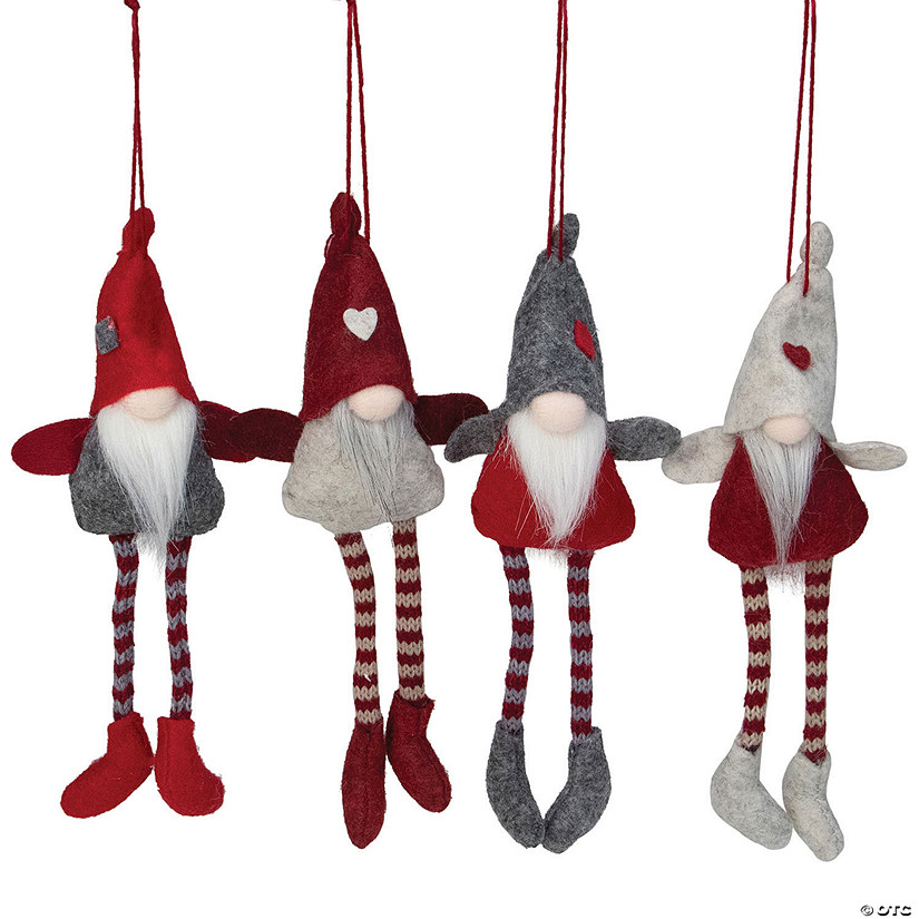Northlight 8" Red and Gray Plush Gnome Christmas Ornaments, Set of 4 Image