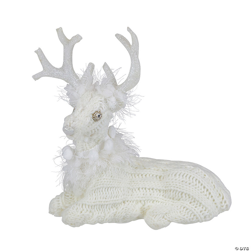 Northlight 9.75" White Cable Knit Sitting Reindeer Christmas Figure Image