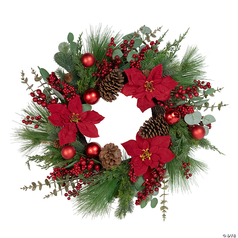 Northlight Artificial Red Berry and Poinsettia Christmas Wreath  28-Inch  Unlit Image