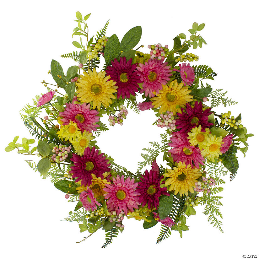 Northlight chrysanthemum and daisy floral spring wreath  pink and yellow 23" Image