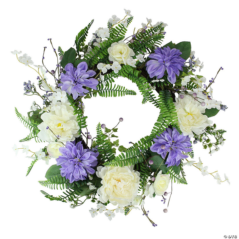 Northlight Daisy and Peony Foliage Twig Artificial Floral Wreath Purple 22-Inch Image