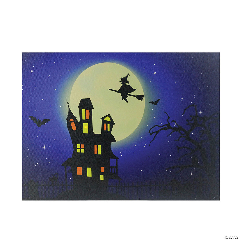 Northlight Fiber Optic and LED Lighted Witch in the Moon Halloween Canvas Wall Art 12" x 15.75" Image