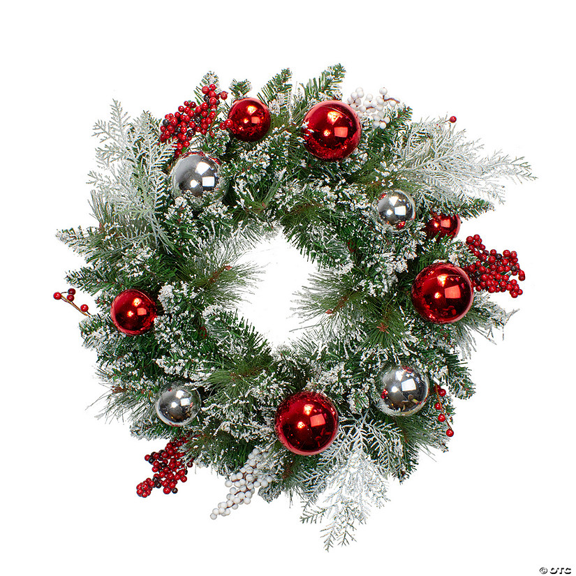 Northlight Flocked Mixed Pine with Ornaments and Berries Artificial Christmas Wreath  24-Inch  Unlit Image