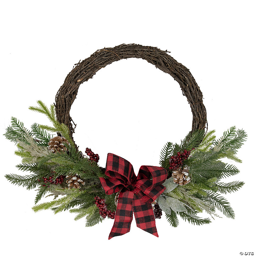 Northlight Icy Winter Foliage and Plaid Bow Artificial Christmas Twig Wreath  23 inch  Unlit Image