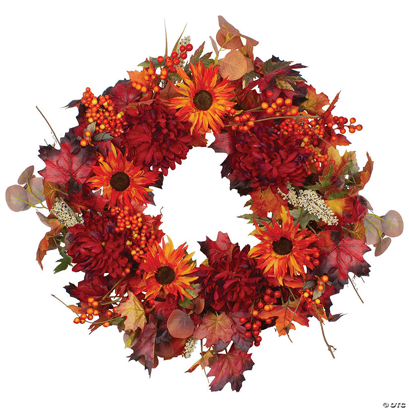 Northlight Leaves and Flowers Fall Harvest Wreath - 24-Inch  Unlit Image