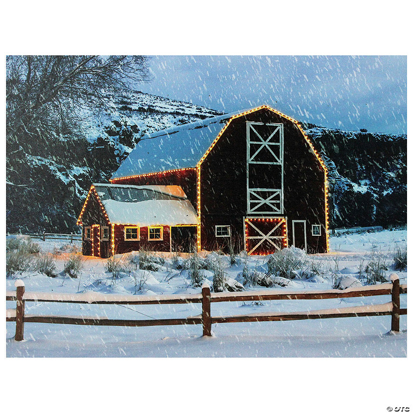 Northlight LED Fiber Optic Snowy Red Barn Christmas Canvas Wall Art 15.75" x 12" Image