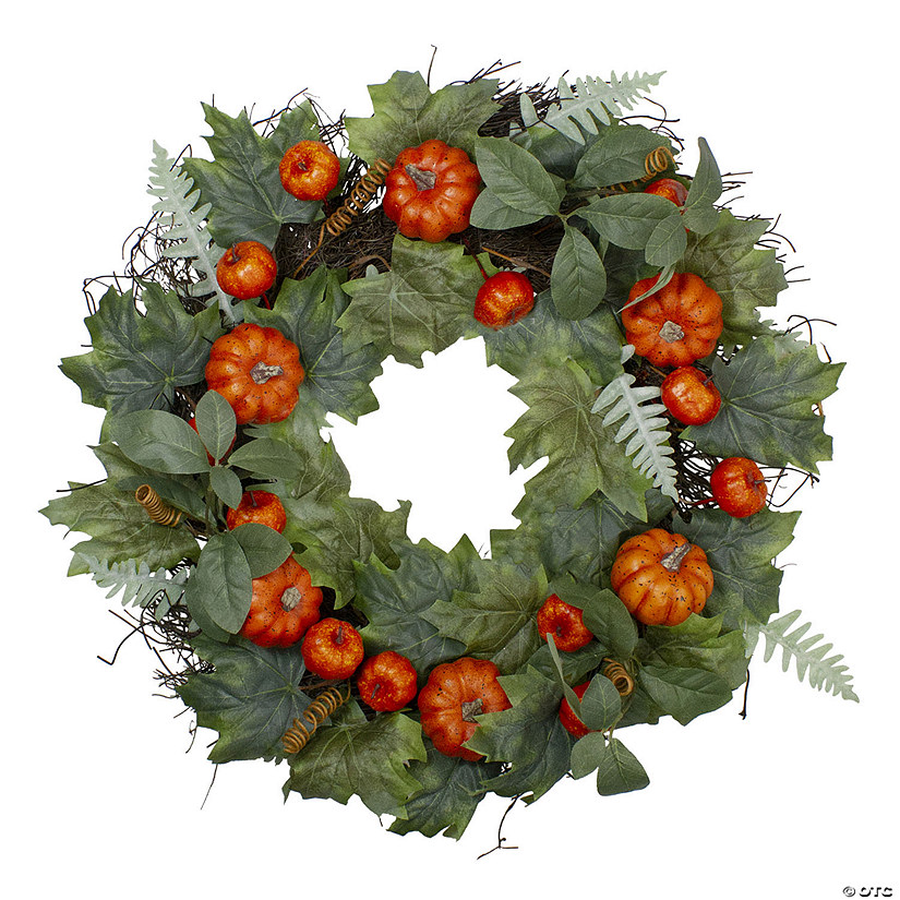 Northlight Maple and Fern Leaves with Pumpkins Artificial Wreath Orange 24-Inch Image