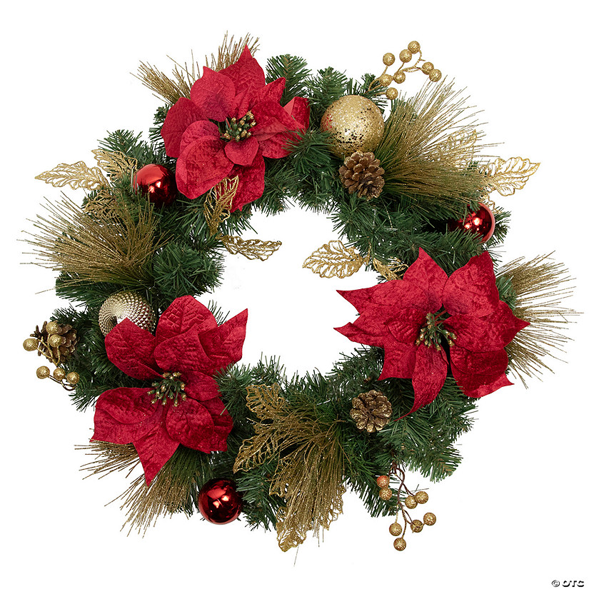 Northlight Poinsettias and Ball Ornaments Artificial Christmas Wreath - 24-Inch  Unlit Image
