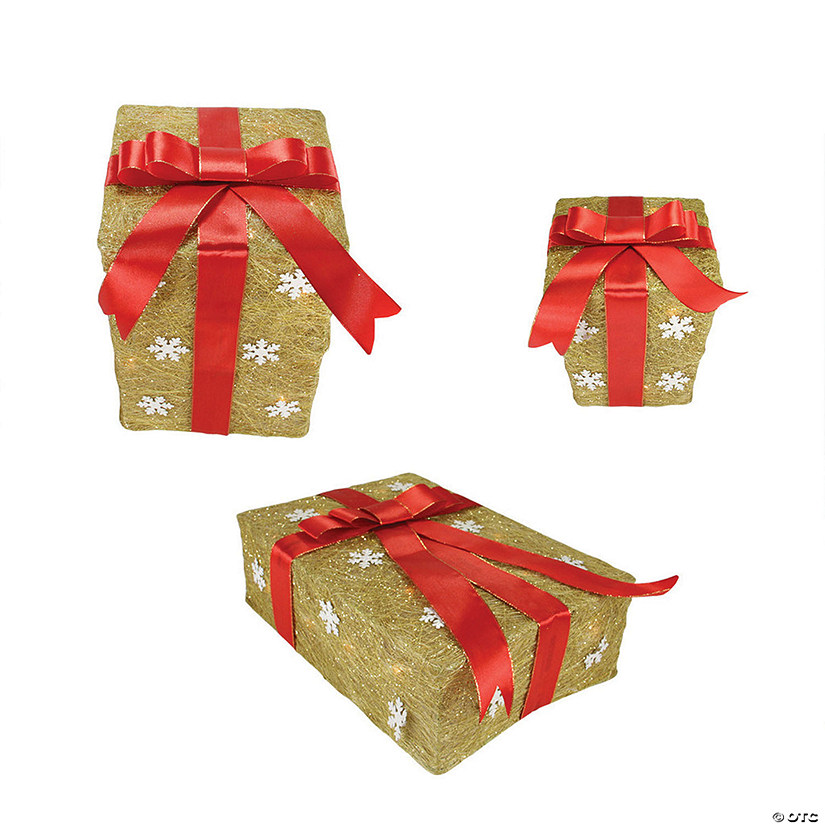 Northlight - Pre-Lit Gold and Red Snowflake Gift Box Outdoor Christmas Decor, Set of 3 Image