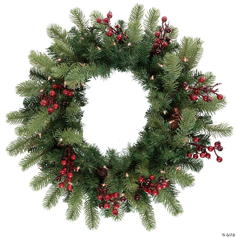 Northlight Pre-lit Noble Fir with Red Berries and Pine Cones Artificial Christmas Wreath - 24" - Clear Lights Image