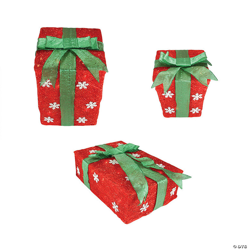 Northlight - Pre-Lit Red and Green Snowflake Gift Boxes Christmas Outdoor Decor, Set of 3 Image