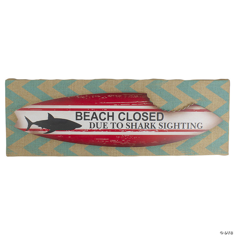 Northlight Rectangular Burlap Covered "Beach Closed" Shark Bite Surfboard Wall Art 24" Image