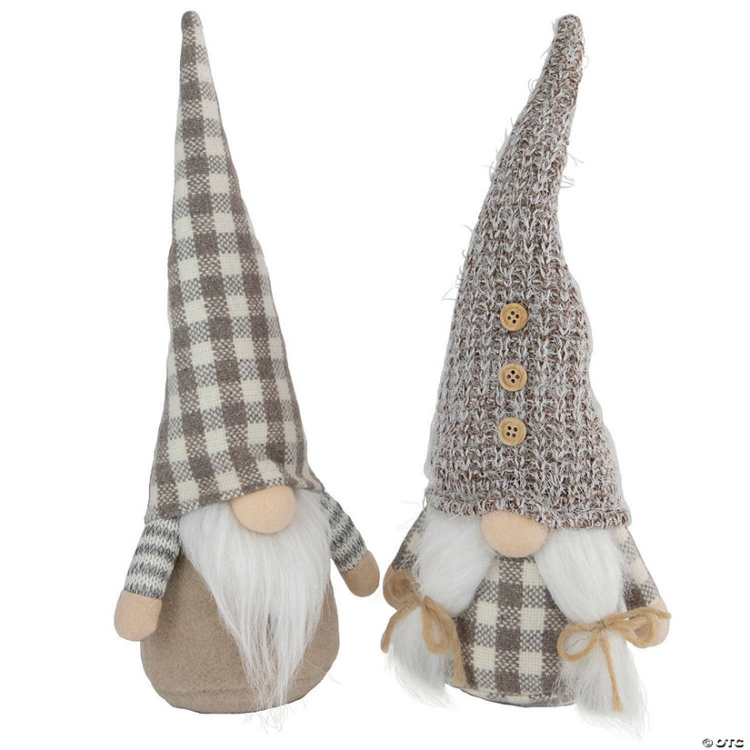 Northlight Set of 2 Beige and White Gingham Nordic Christmas Gnomes  13" Image
