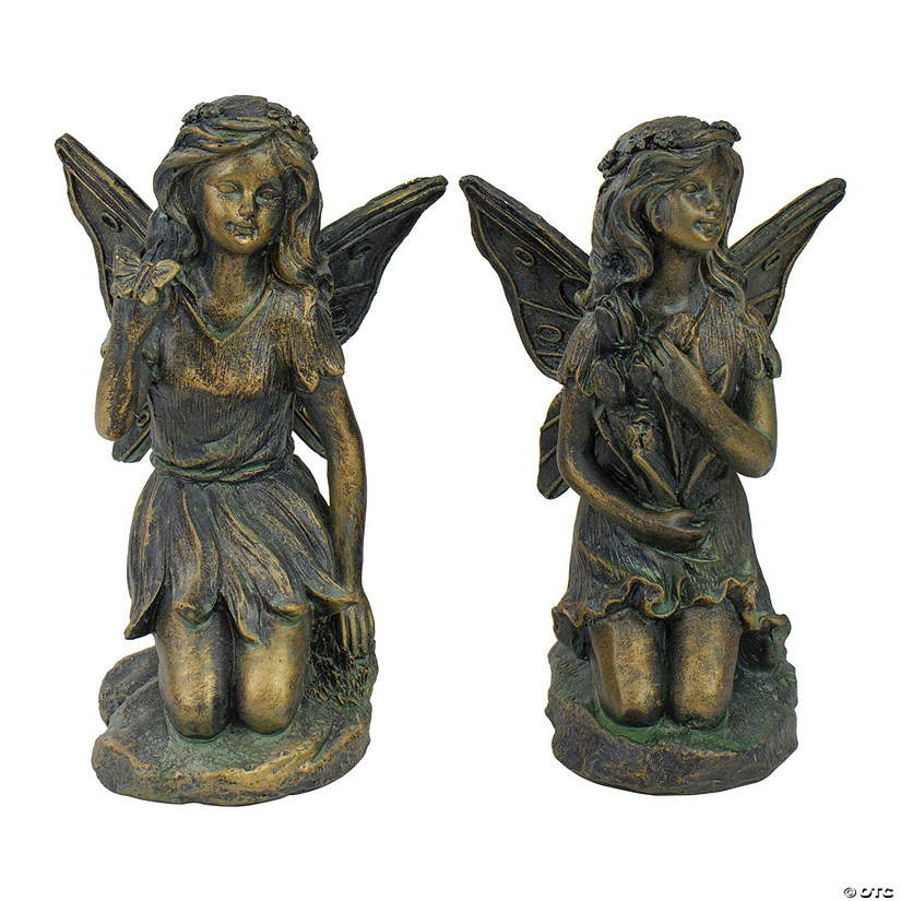 Northlight Set of 2 Bronze Kneeling Fairies With Flowers and a Butterfly Outdoor Garden Statues - 7" Image