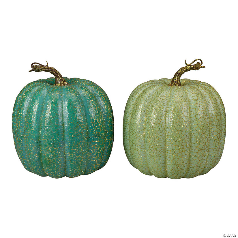 Northlight Set of 2 Green Glittered Fall Harvest Tabletop Pumpkins 7" Image