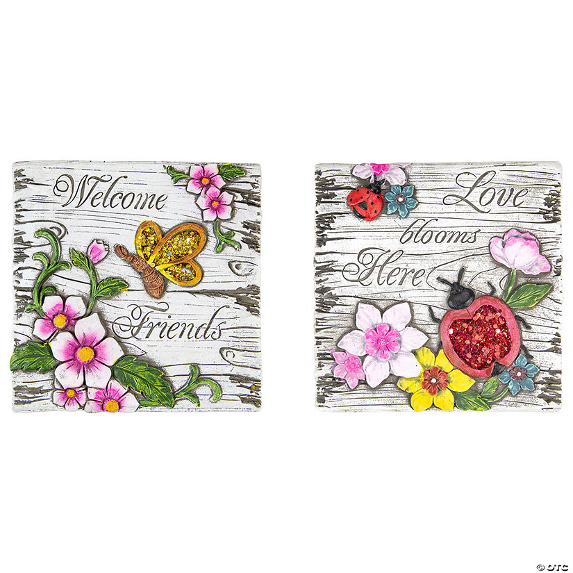 Northlight Set of 2 Love Blooms and Welcome Friends Floral Outdoor Garden Stones 7" Image