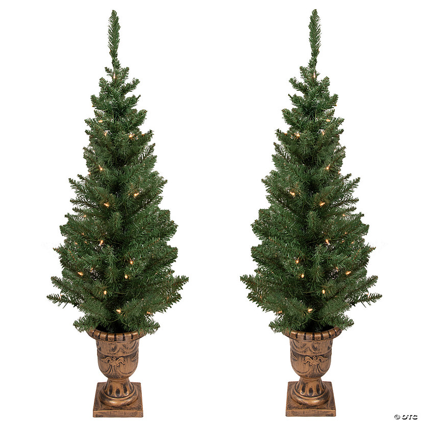 Northlight Set of 2 Pre-Lit Potted Porch Pine Topiary Slim Artificial Christmas Trees 4' - Clear Lights Image