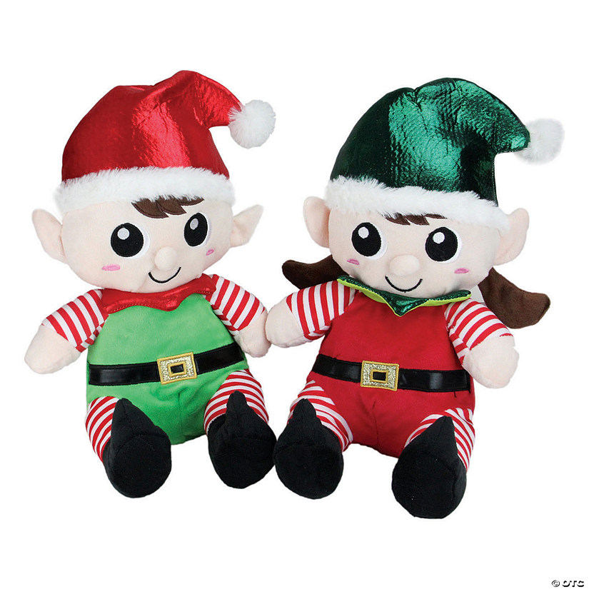 Northlight Set of 2 Red Plush Sitting Boy and Girl Christmas Elf Figures 13" Image