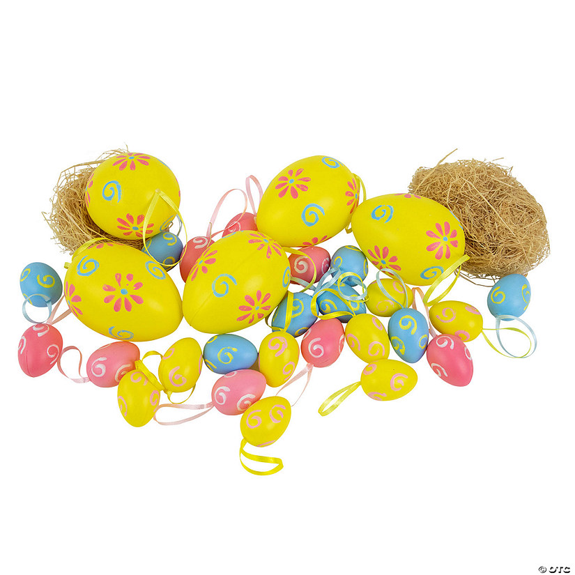 Northlight set of 29 blue and yellow painted floral spring easter egg ornaments 3.25" Image