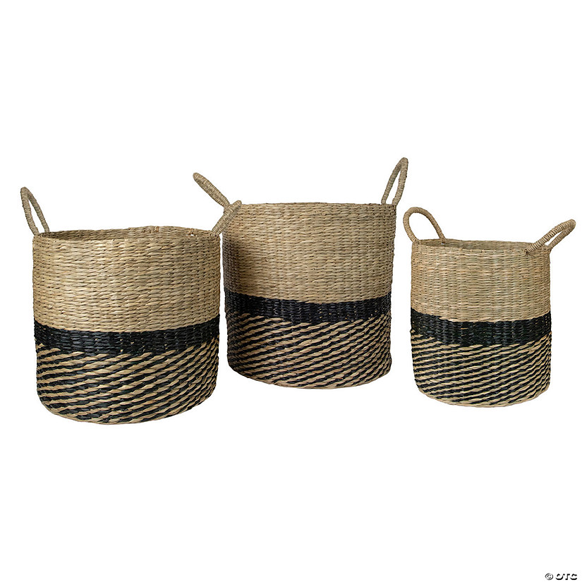 Northlight Set of 3 Black and Beige Woven Table and Floor Cylindrical Seagrass Baskets Image