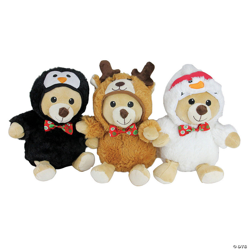 Northlight Set of 3 Brown and Black Teddy Bear Stuffed Animal Figures in Christmas Costumes 8" Image