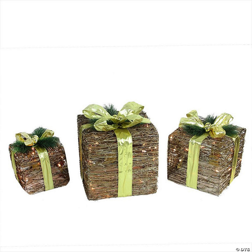 Northlight Set of 3 Brown and Green Lighted Glitter Gift Boxes Christmas Decoration 12" Image