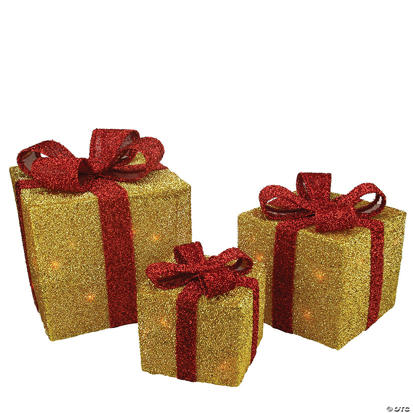 Northlight - Set of 3 Gold and Red Gift Boxes with Bows Lighted Christmas Outdoor Decorations Image