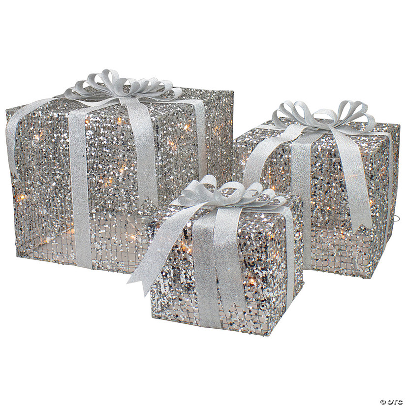 Northlight Set Of Led Lighted Silver Glitter Threaded Gift Boxes