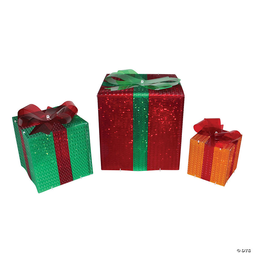 Northlight - Set of 3 Lighted Glistening Gift Box and Bow Outdoor Christmas Decoration Image