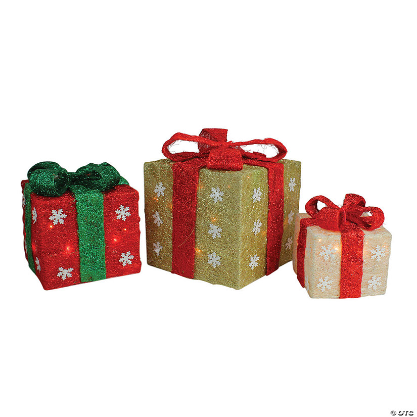 Northlight Set Of Lighted Gold Green Cream Sisal Gift Boxes